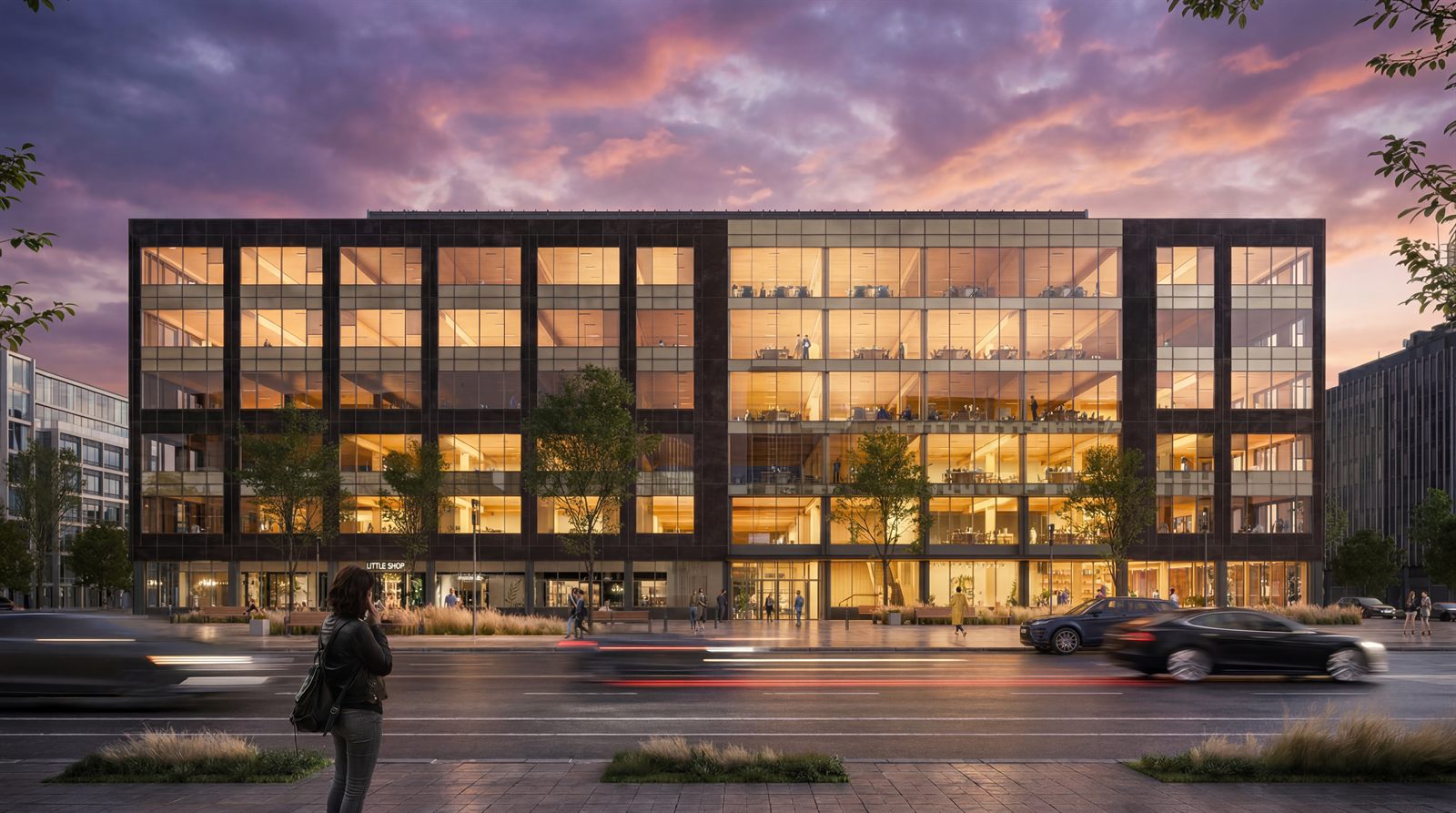Katerra mass-timber office building at dusk