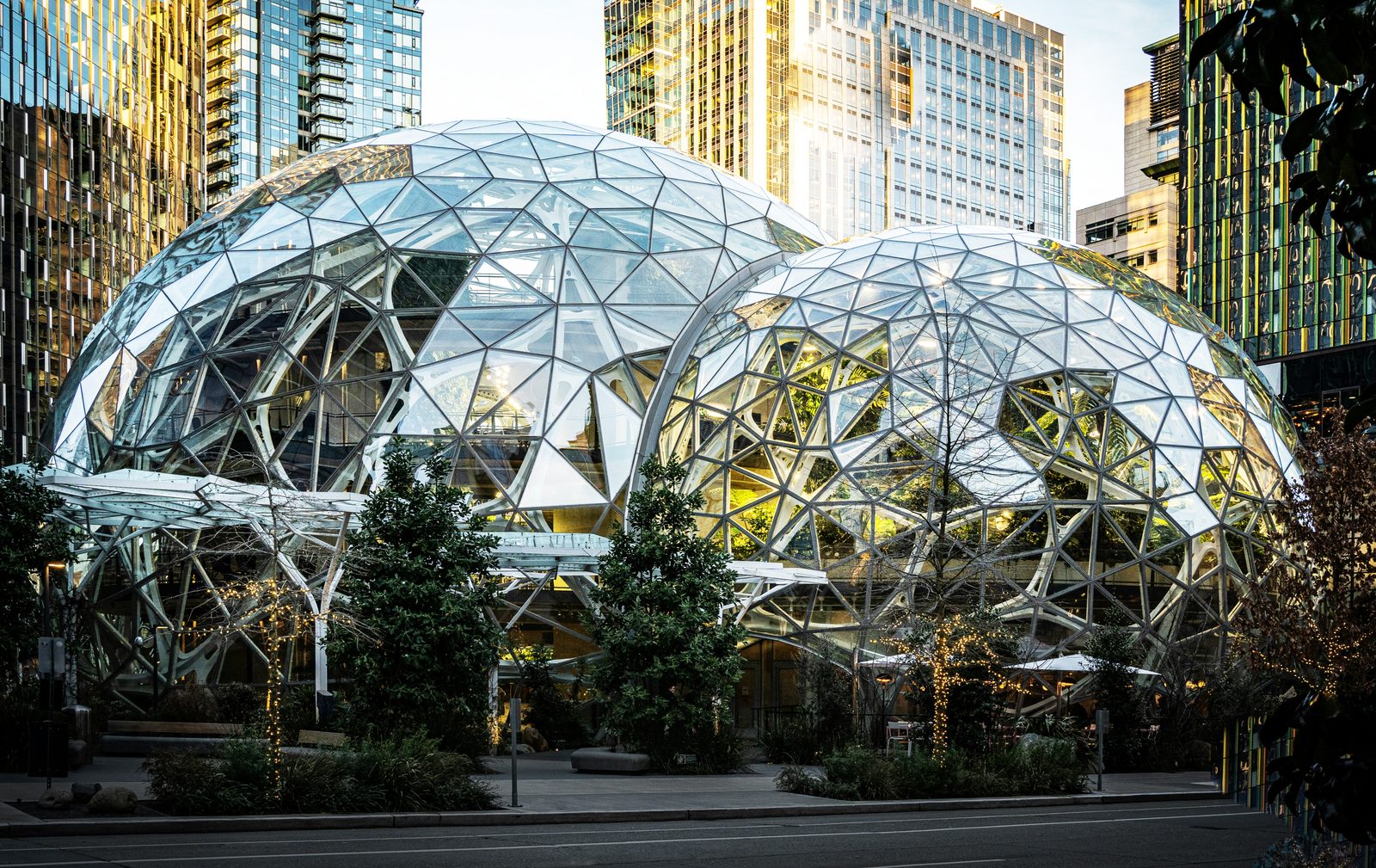 The Amazon Spheres in downtown Seattle at dusk
