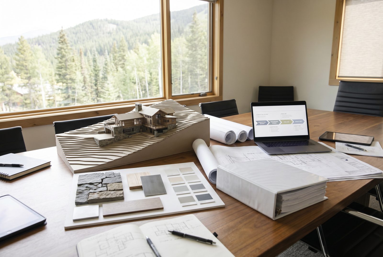 A terrain model, material palette board, permit submittal binder, and project timeline laid out in a conference room