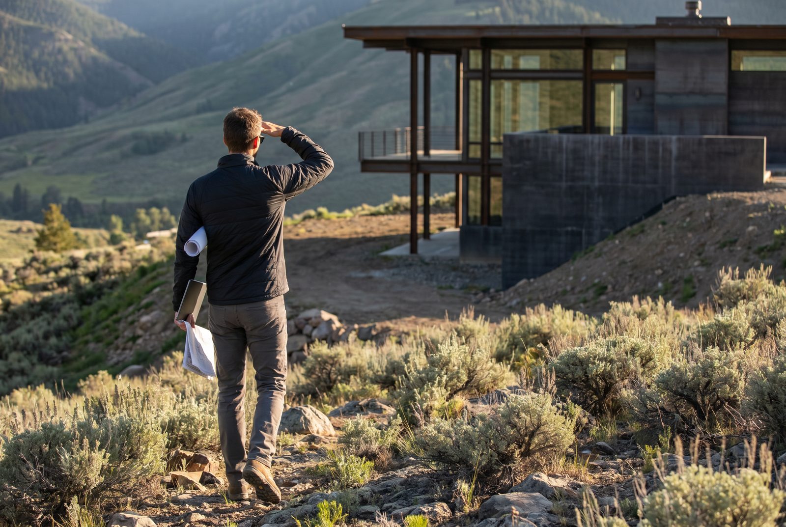 An architect carrying drawings across a sage hillside toward a modern glass residence
