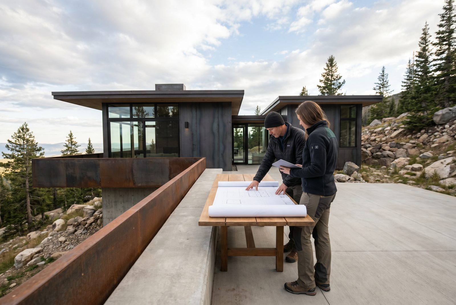 Two professionals reviewing a drawing set on the corten-edged terrace of a mountain home