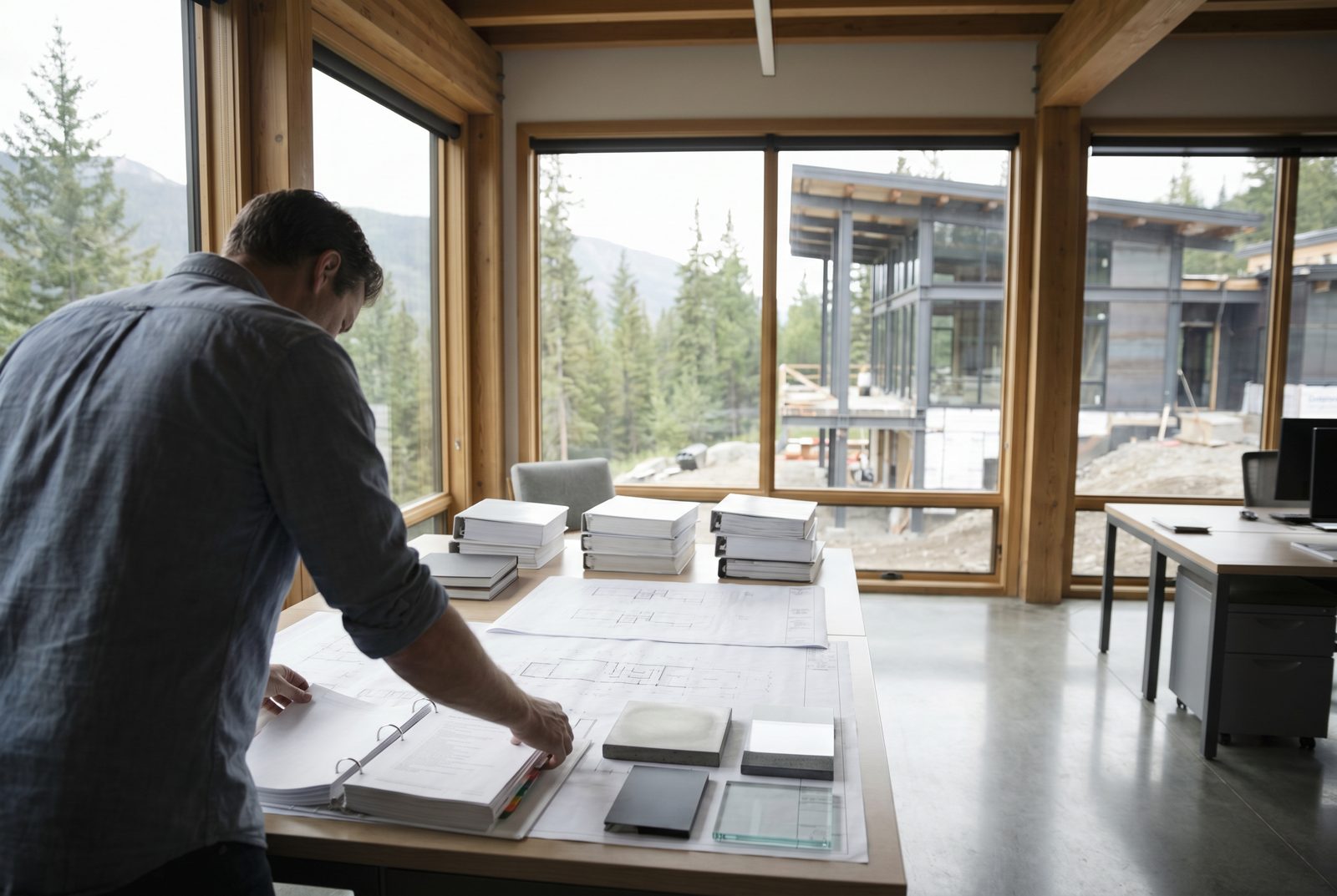 Reviewing specification volumes in a site office as timber-and-glass structures rise beyond