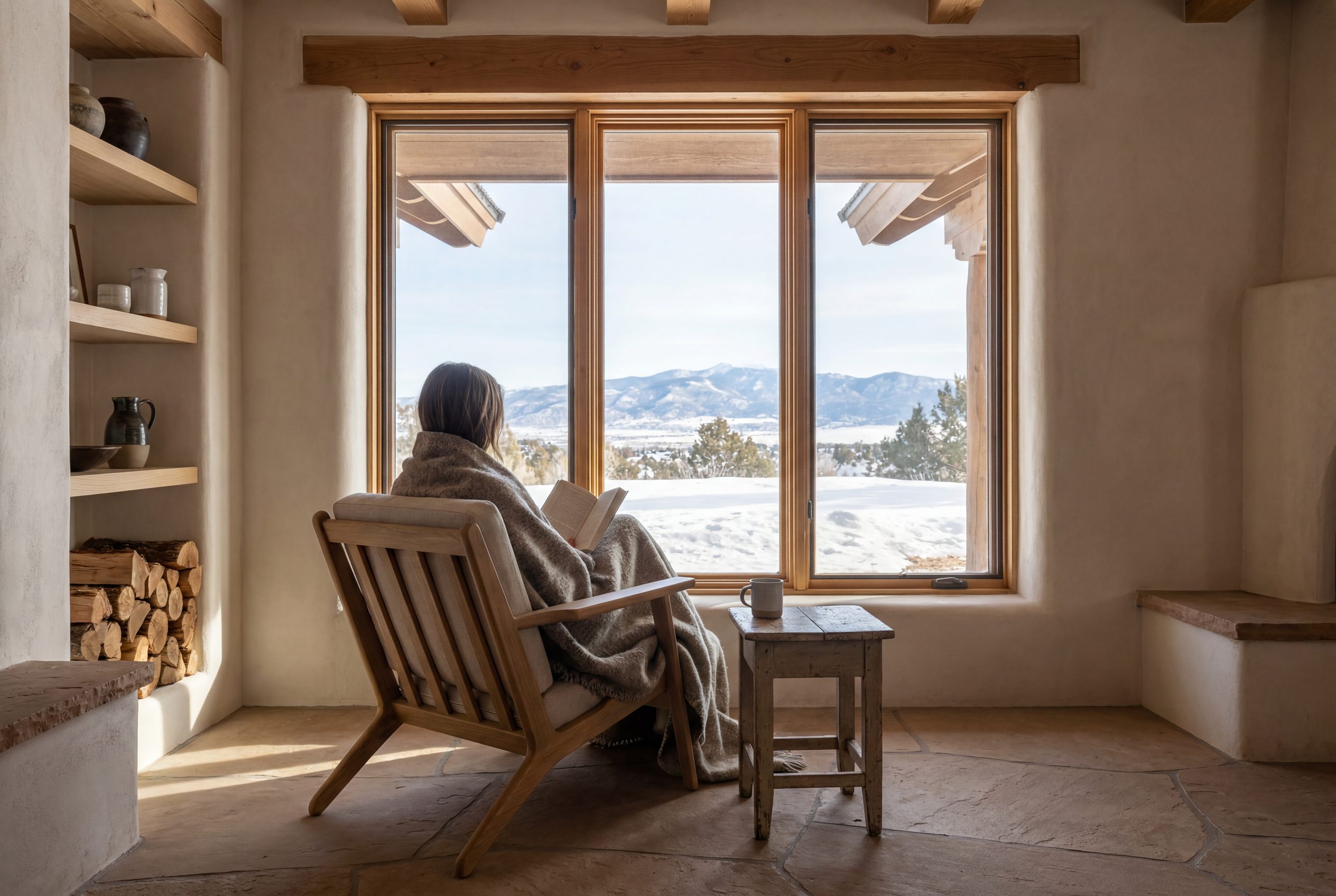 A reader wrapped in wool beside a broad window, plaster walls and timber beams holding the morning light