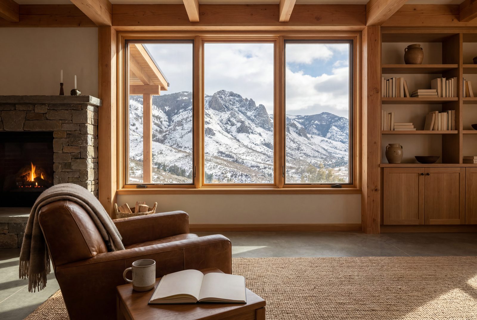 A fireside reading chair before timber-framed windows opening to snow-covered peaks
