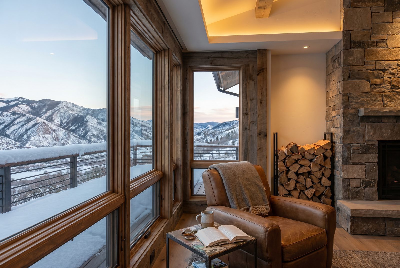 A corner reading chair at dusk, firewood stacked by the hearth, quiet integrated lighting overhead