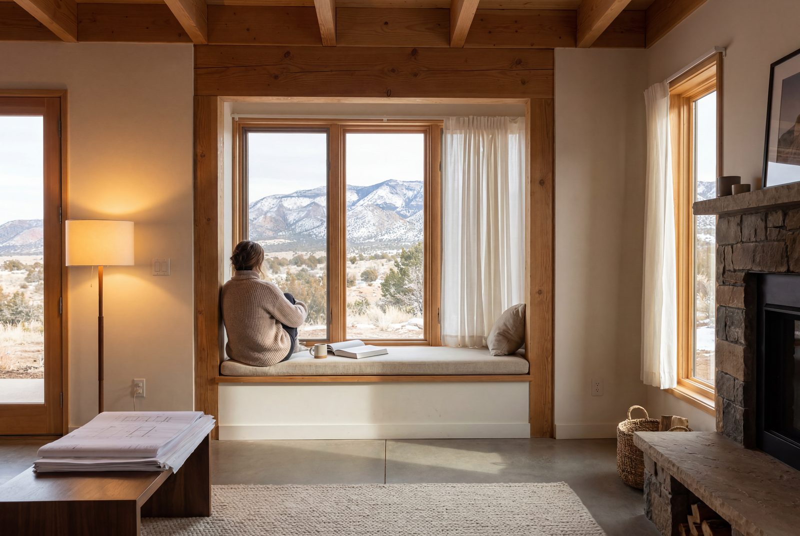 A window seat in morning light, sheer curtains and a mountain horizon beyond the glass