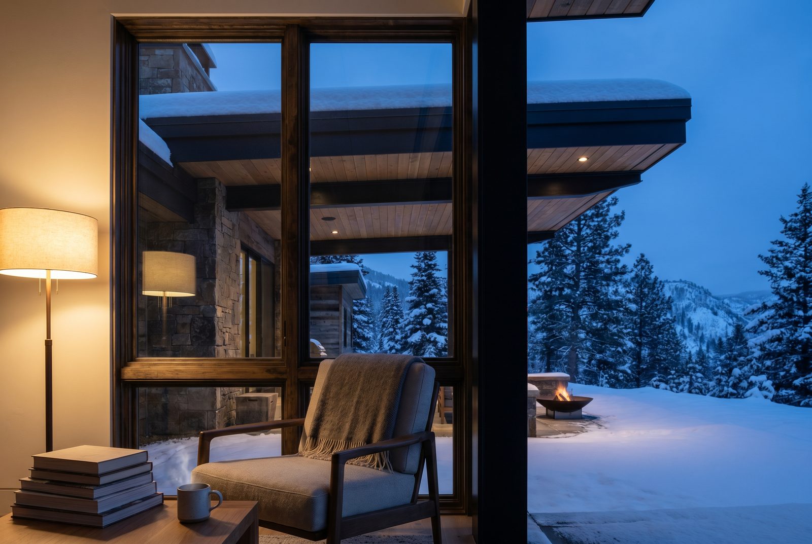 An armchair and reading lamp at blue hour, a fire bowl glowing in the snow beyond the glass