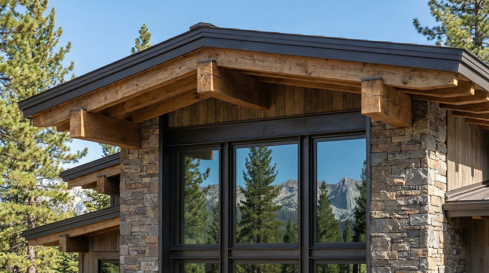 Heavy-timber eaves and clean soffits over stone piers, mountains reflected in the glazing