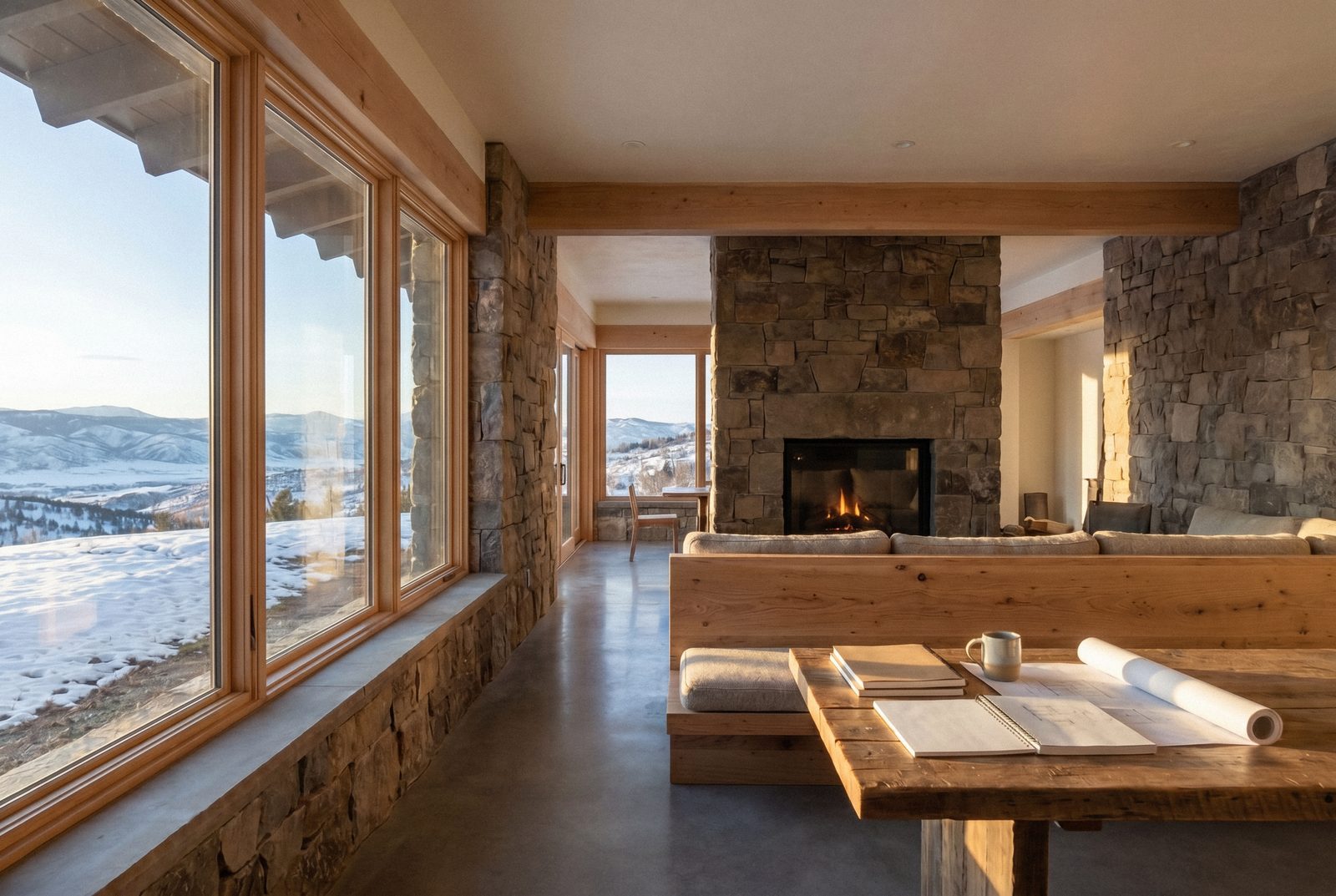 A warm interior of stone, timber, and glass looking onto snow-covered mountains, drawings resting on the table