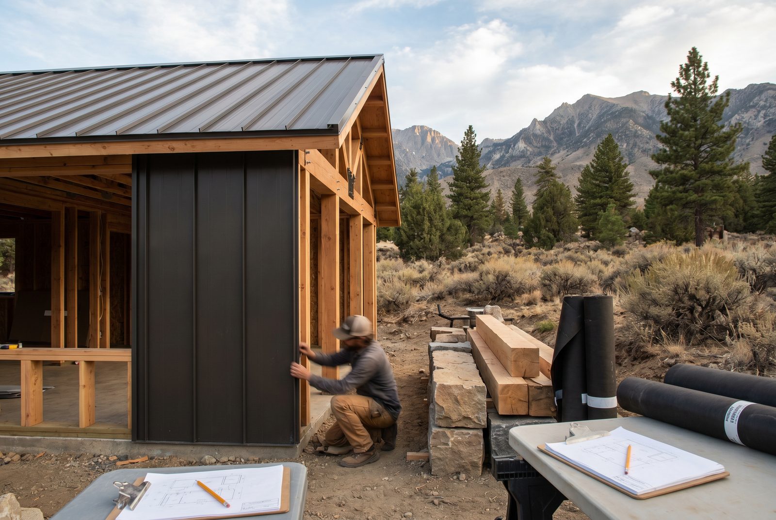 Framing and standing-seam siding under way on a mountain site, timbers and drawings staged nearby
