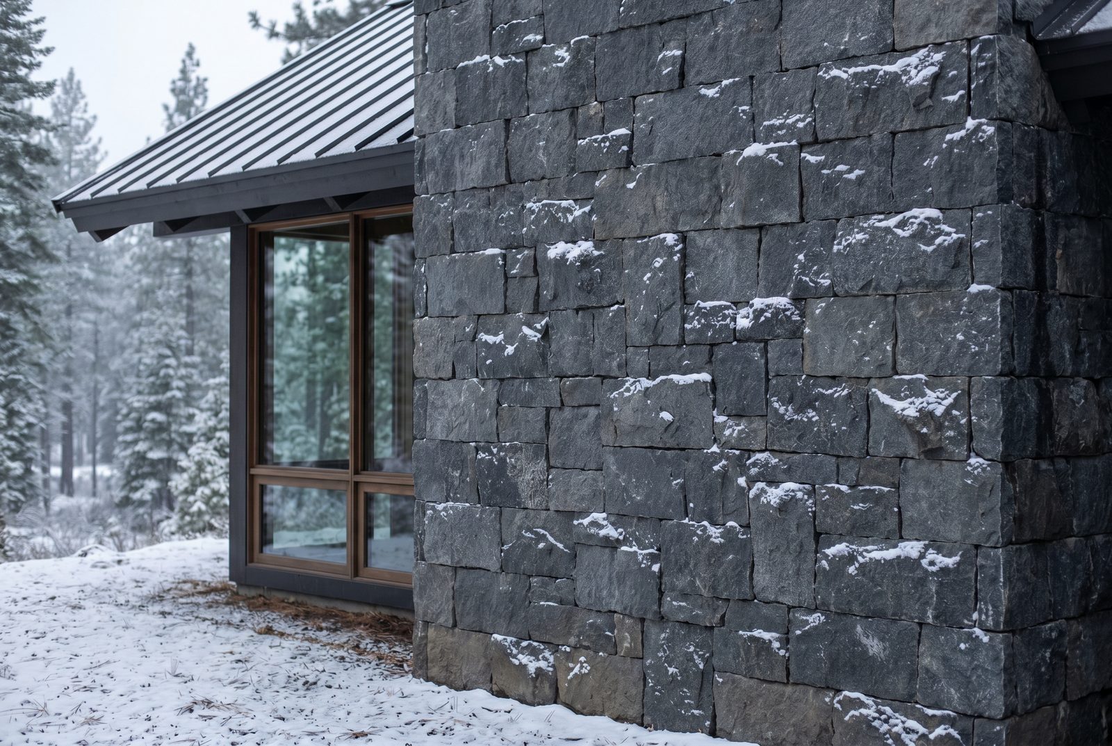 A grey stone wall and timber-framed window taking falling snow