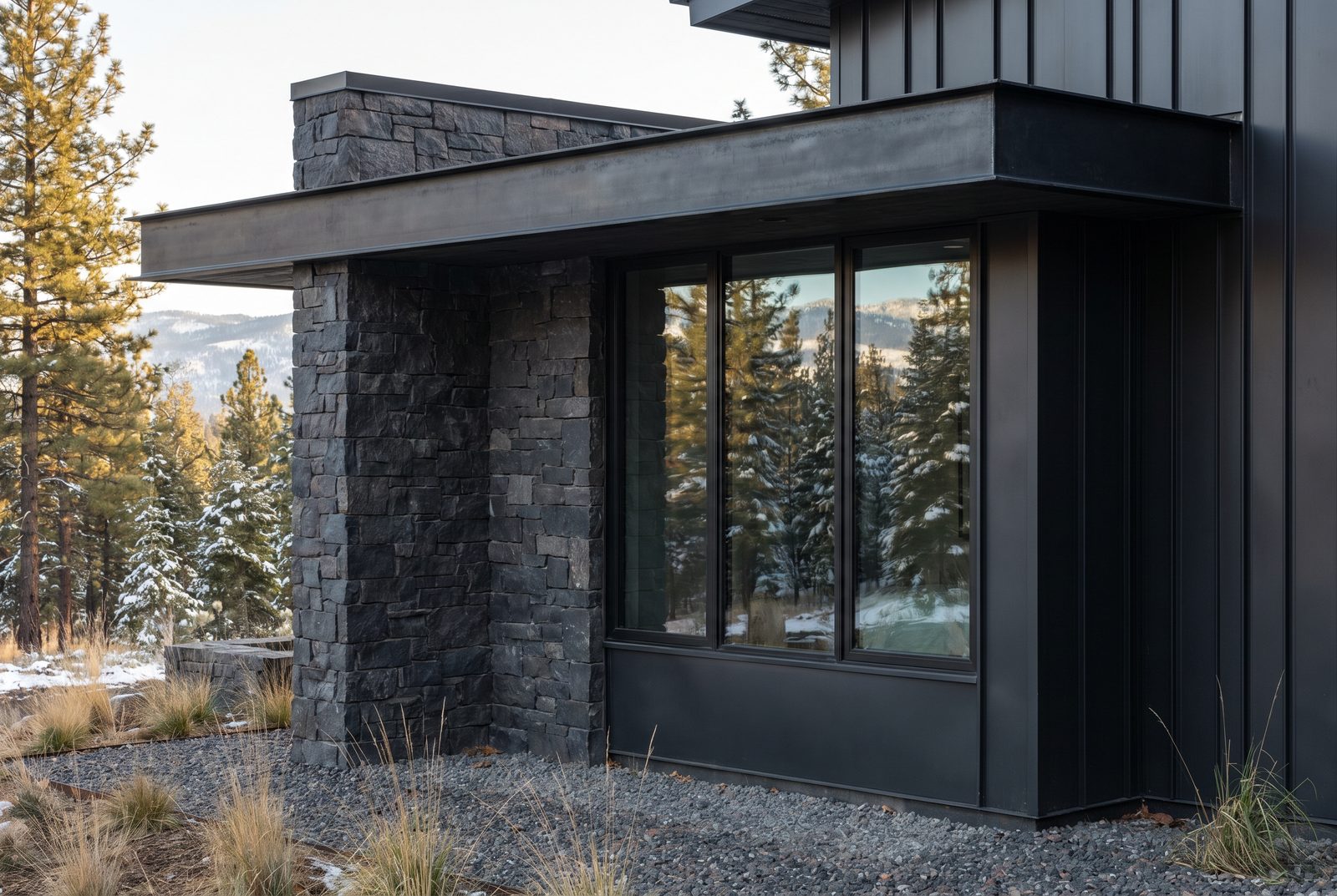 A flat-roofed entry in dark metal and stacked stone, winter pines beyond