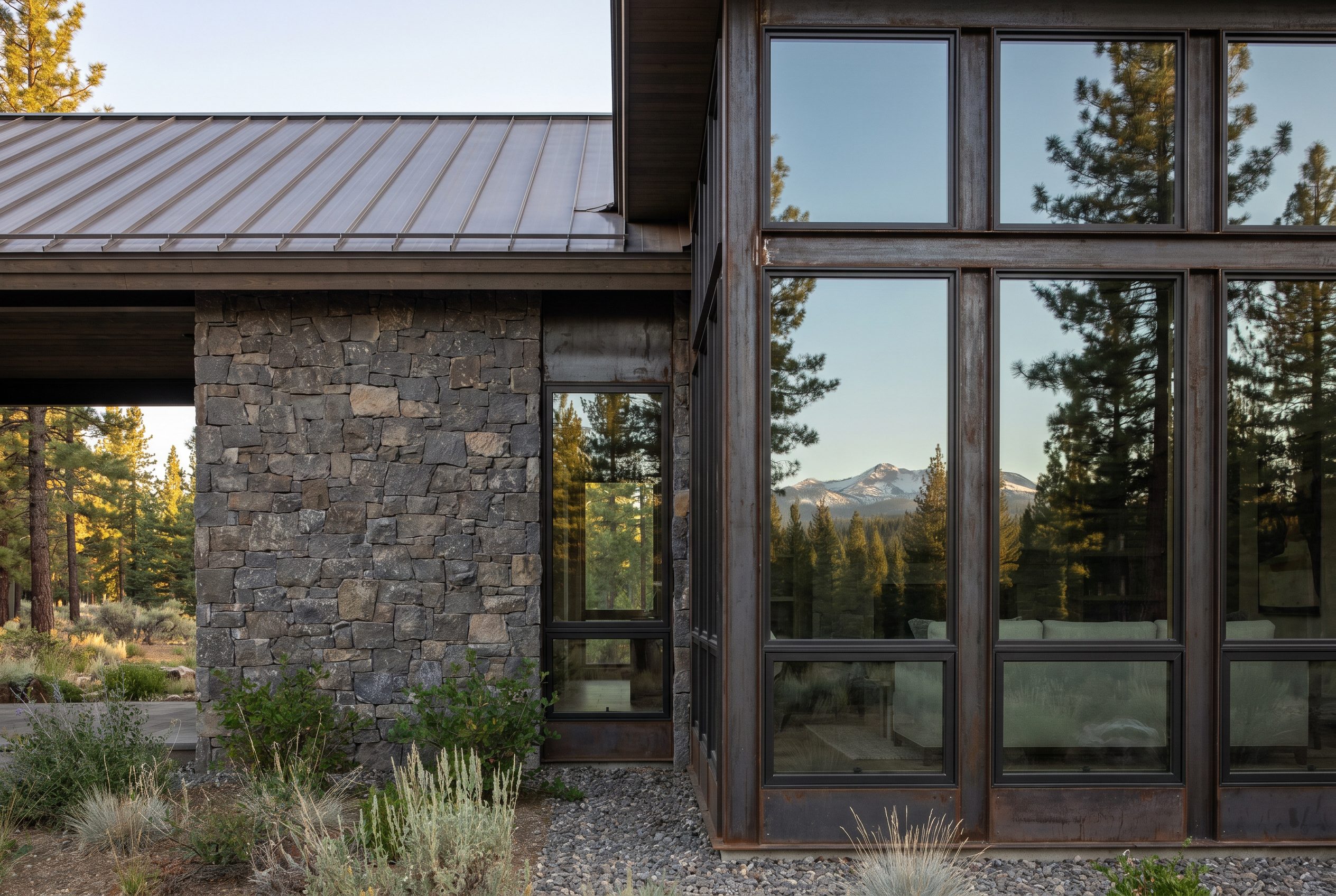 A corner of stacked stone and weathering steel, a snow-capped peak reflected in the glass