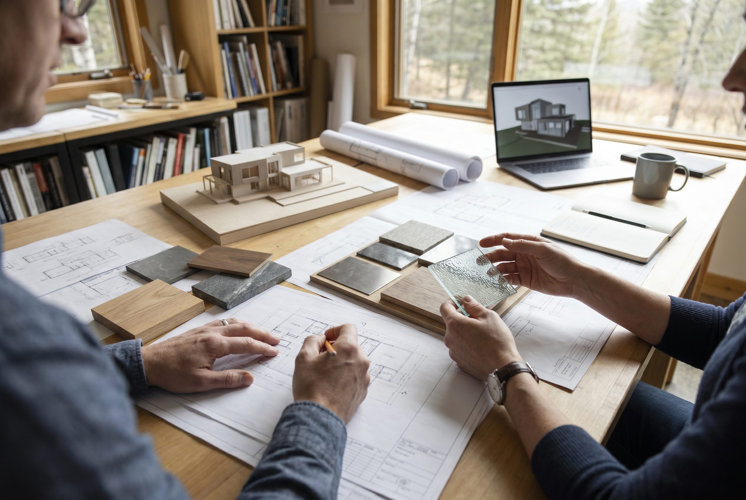 An architect and client reviewing a study model, drawings, and material samples at a studio desk