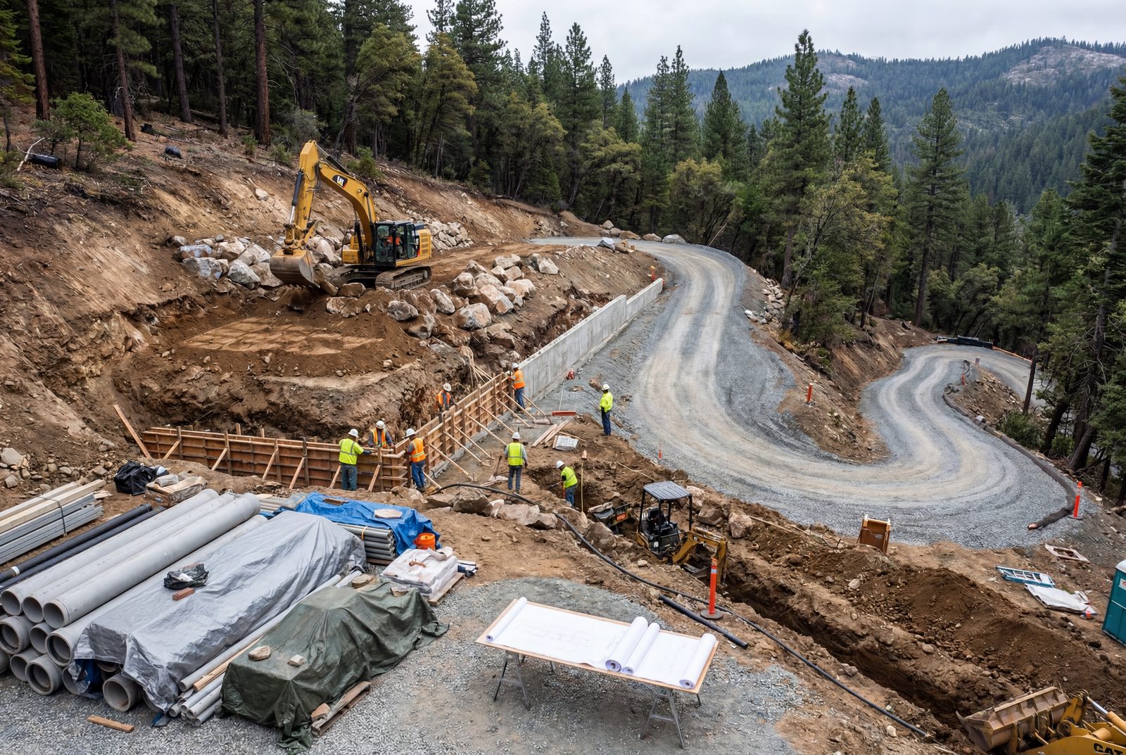 Crews building retaining walls and trenching utilities along a switchback drive on a steep forested site