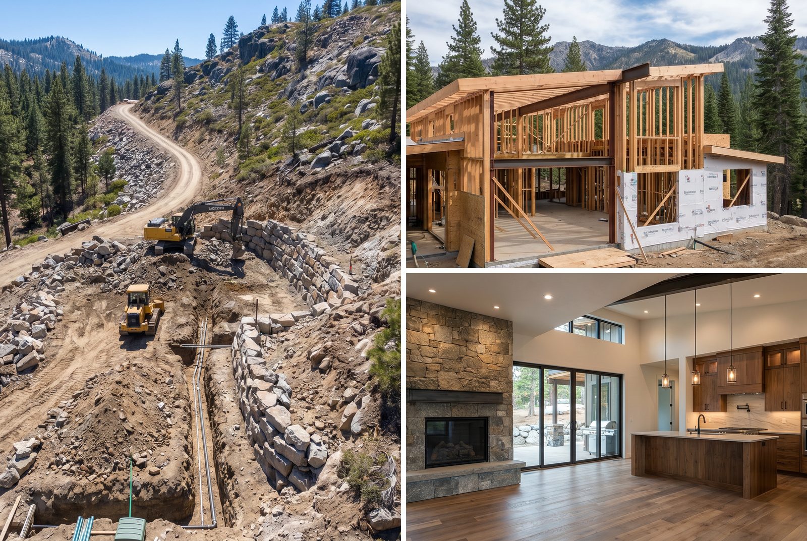 Three moments in one budget &ndash; site work on a steep lot, steel and timber framing, and the finished interior