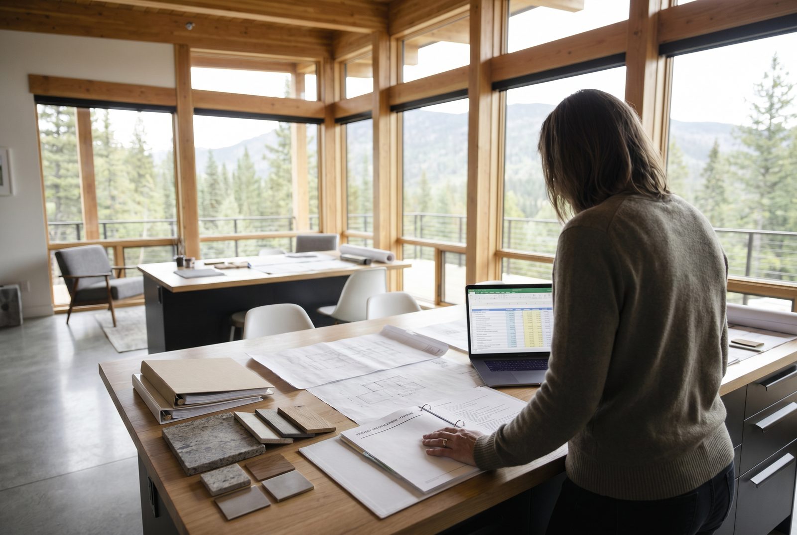 Working through material samples and budget spreadsheets at a kitchen island
