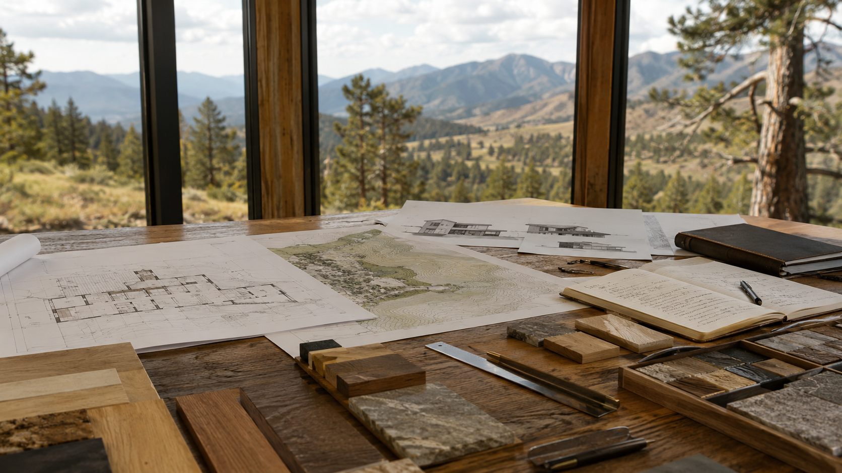 Site plans, a terrain map, and material samples on a drafting table before a mountain view