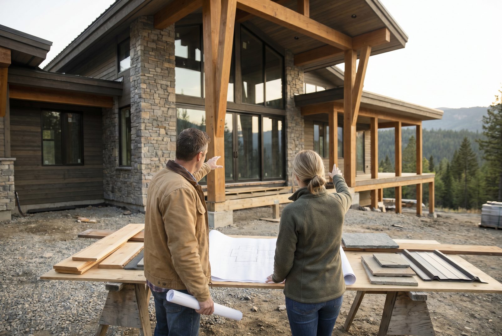 A couple pointing toward their timber-and-stone home as it takes shape on a mountain site