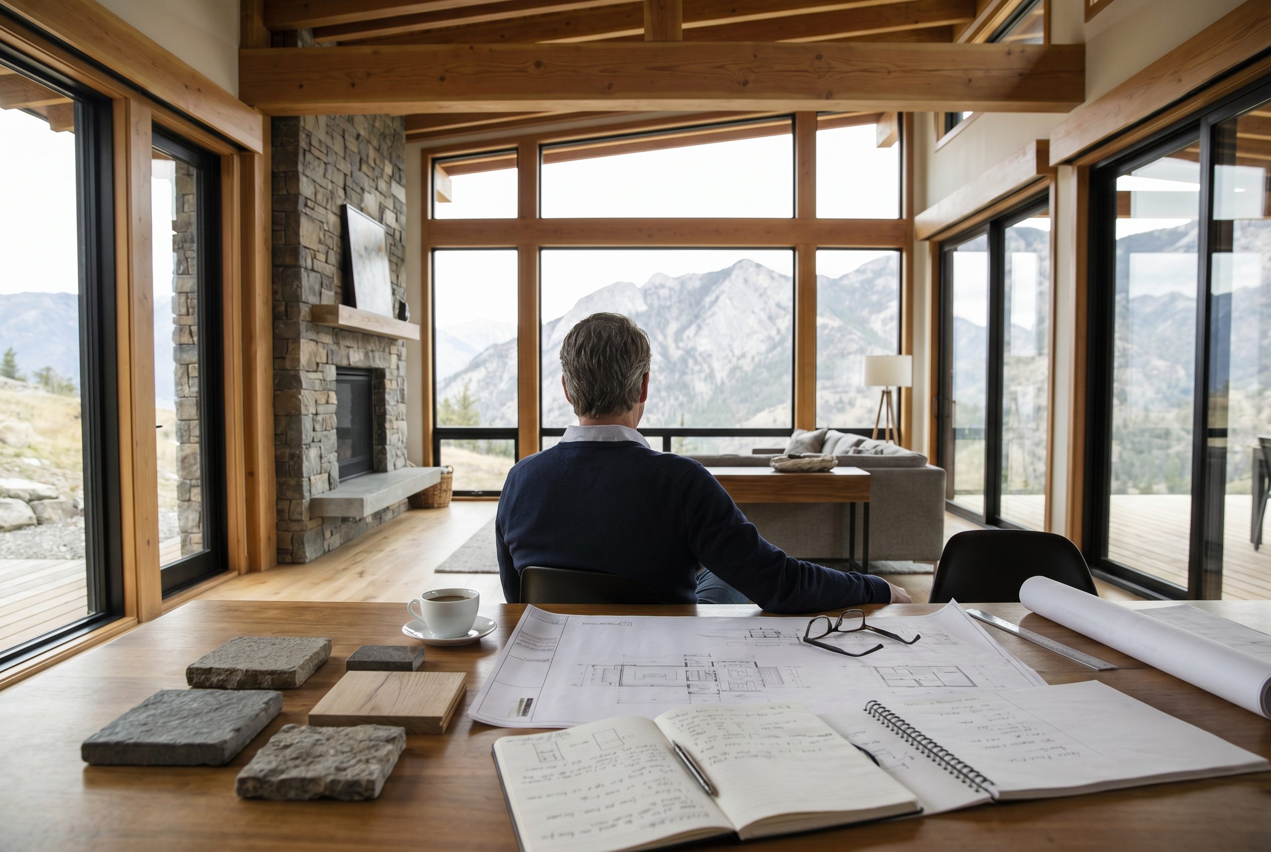 A client seated before a wall of glass, weighing drawings and material samples against the mountain view