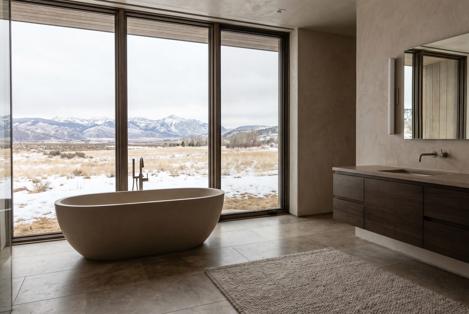 A freestanding tub set against full-height glass and a winter prairie beyond
