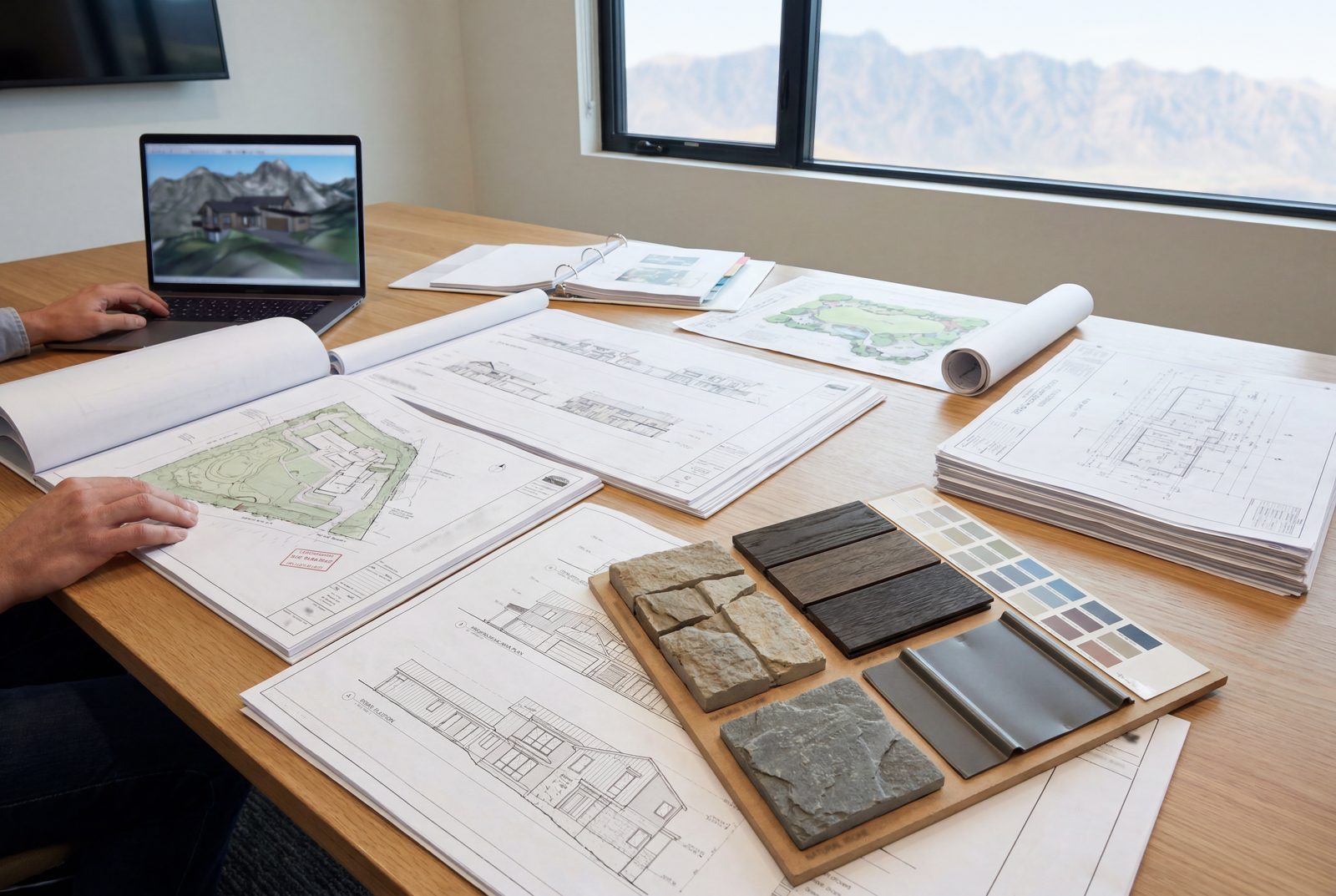 An ARC submittal in preparation &ndash; site strategy plan, elevations, and exterior material samples spread across a desk