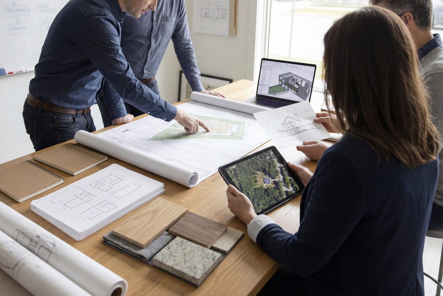 A design team reviewing a site plan, elevation sketch, and aerial imagery together around a work table