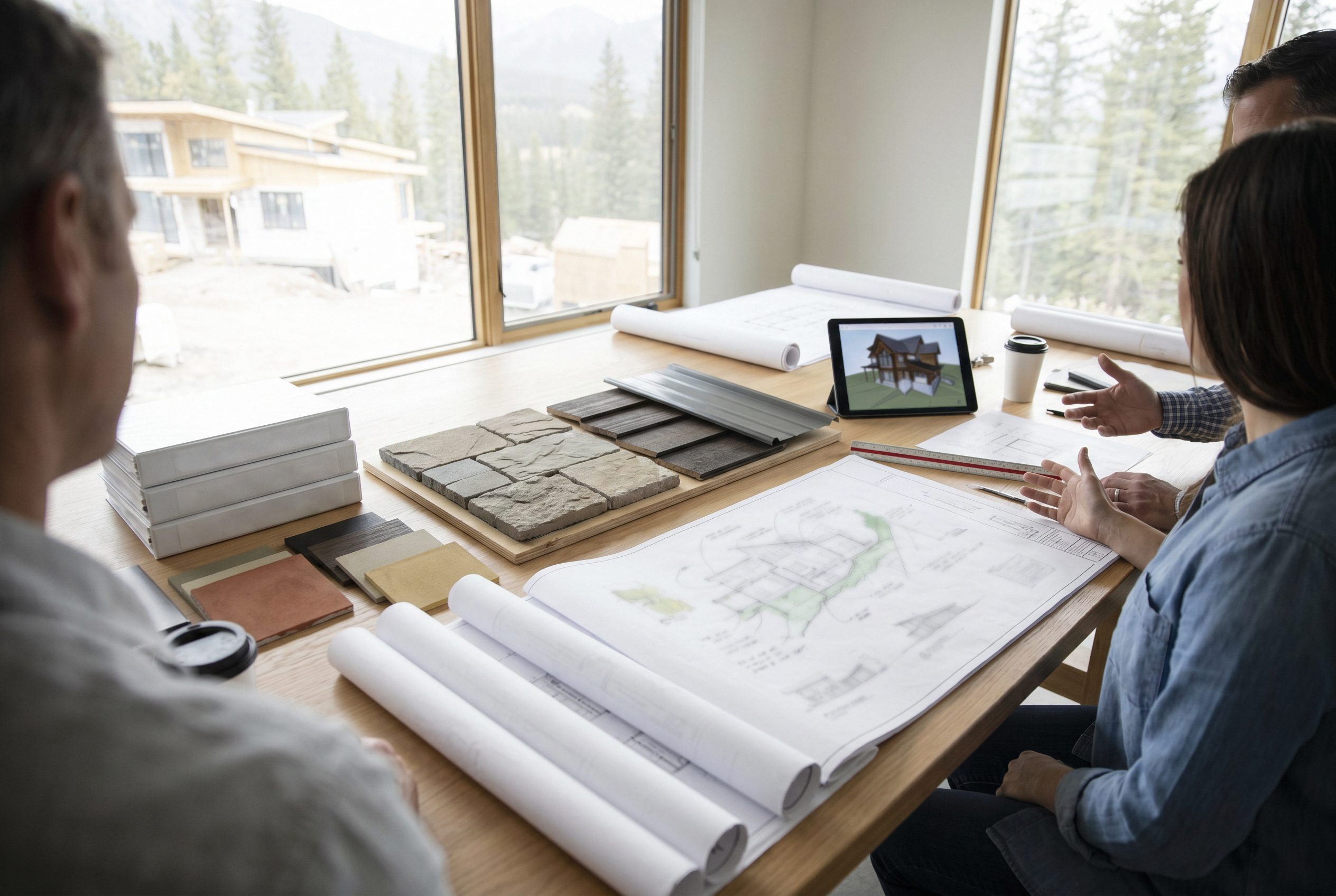Clients and architect reviewing an ARC submittal and permit set beside material samples, a home under construction beyond