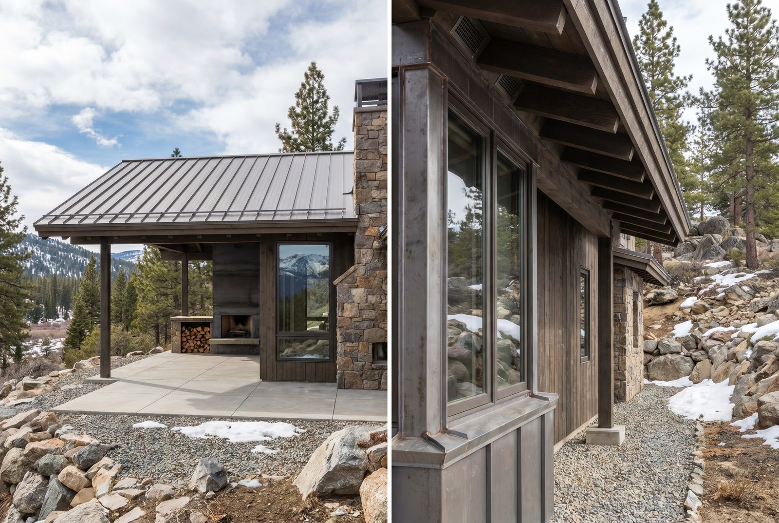 A covered outdoor room with fireplace and firewood store beside a detail of steel, weathered wood, and stone