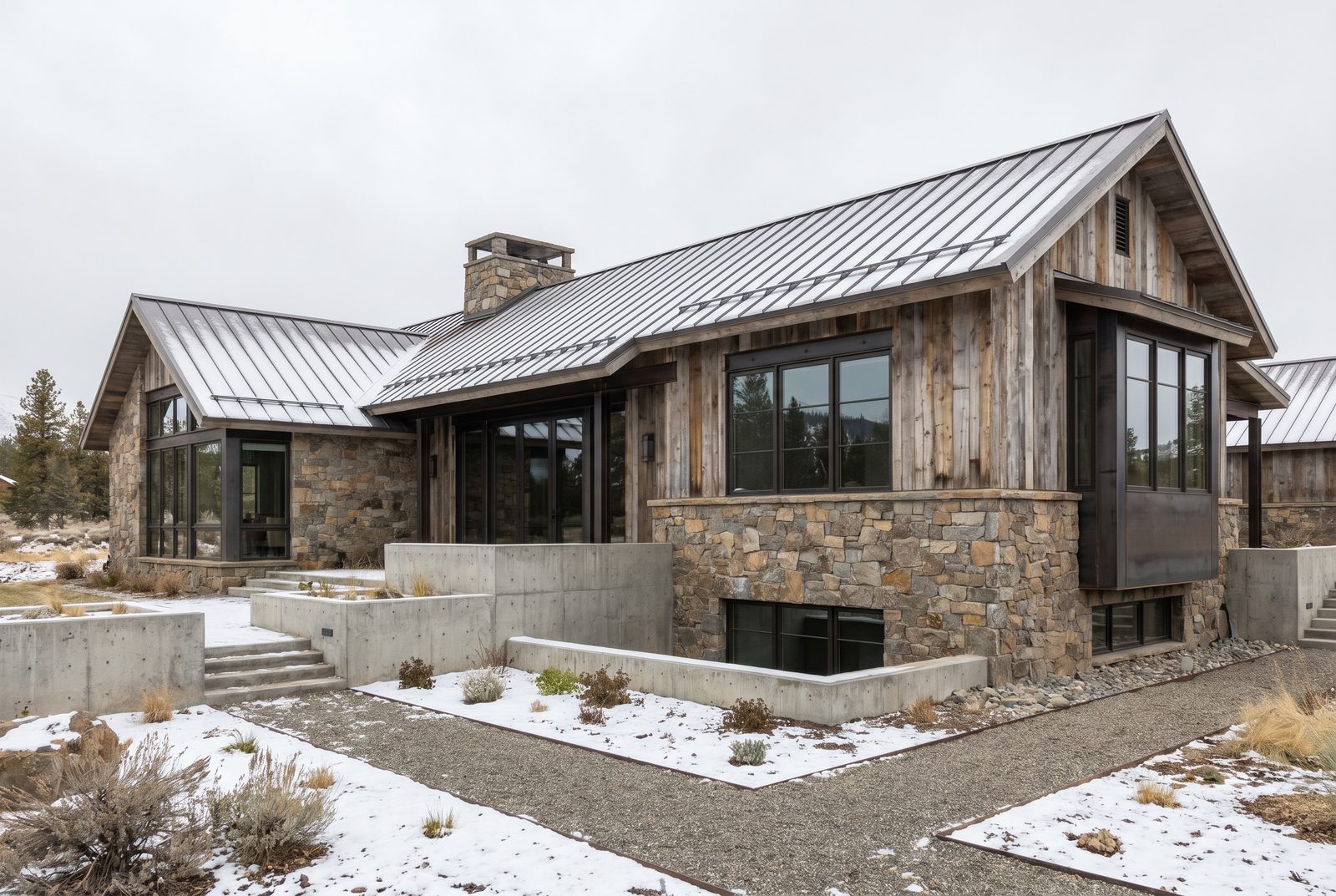 A home of silvered barnwood, stone, and board-formed concrete under first snow