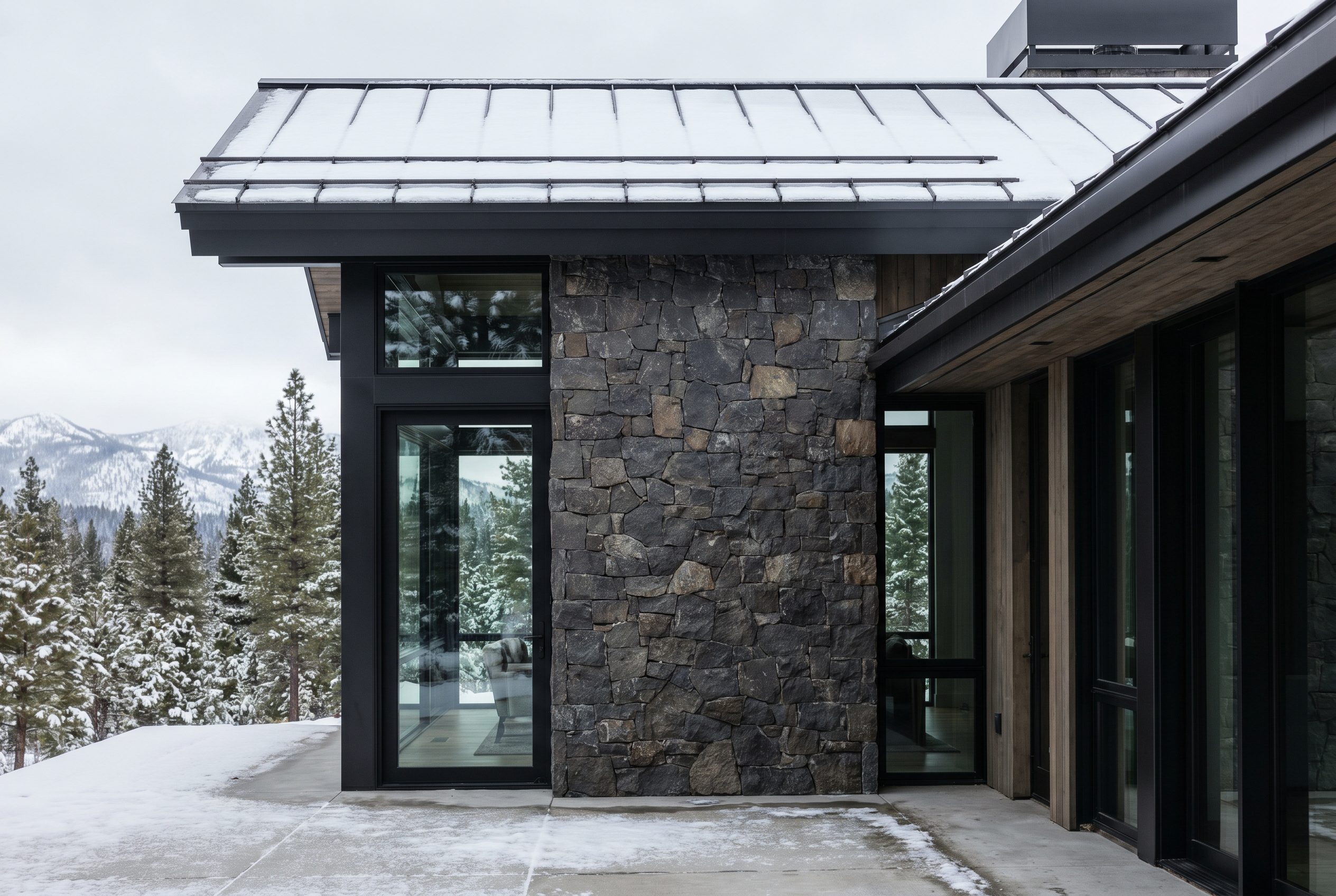 A snow-dusted stone chimney and standing-seam metal roof against Tahoe pines