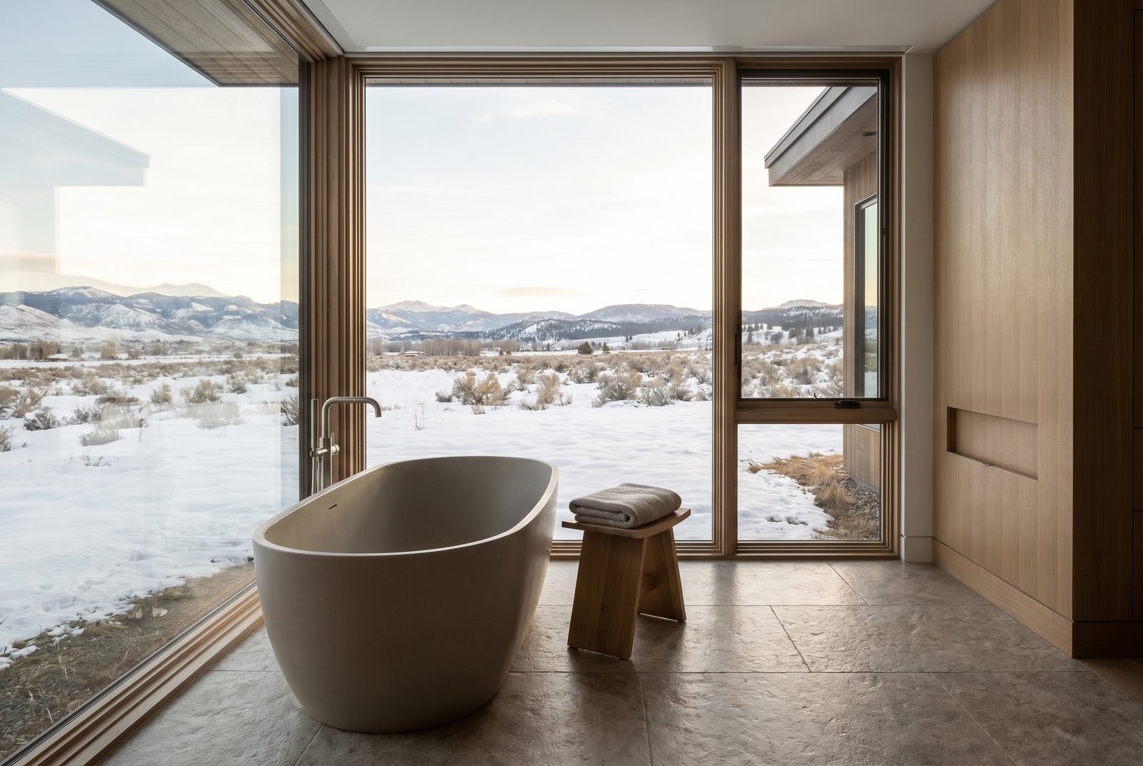 Morning light across a corner-glass bath, snowy sage valley beyond