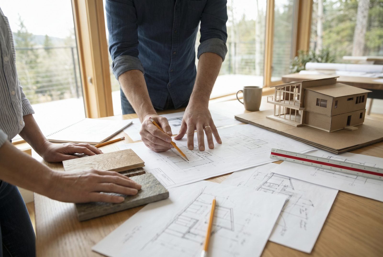 An architect and client working over plans beside a study model and wood and stone samples