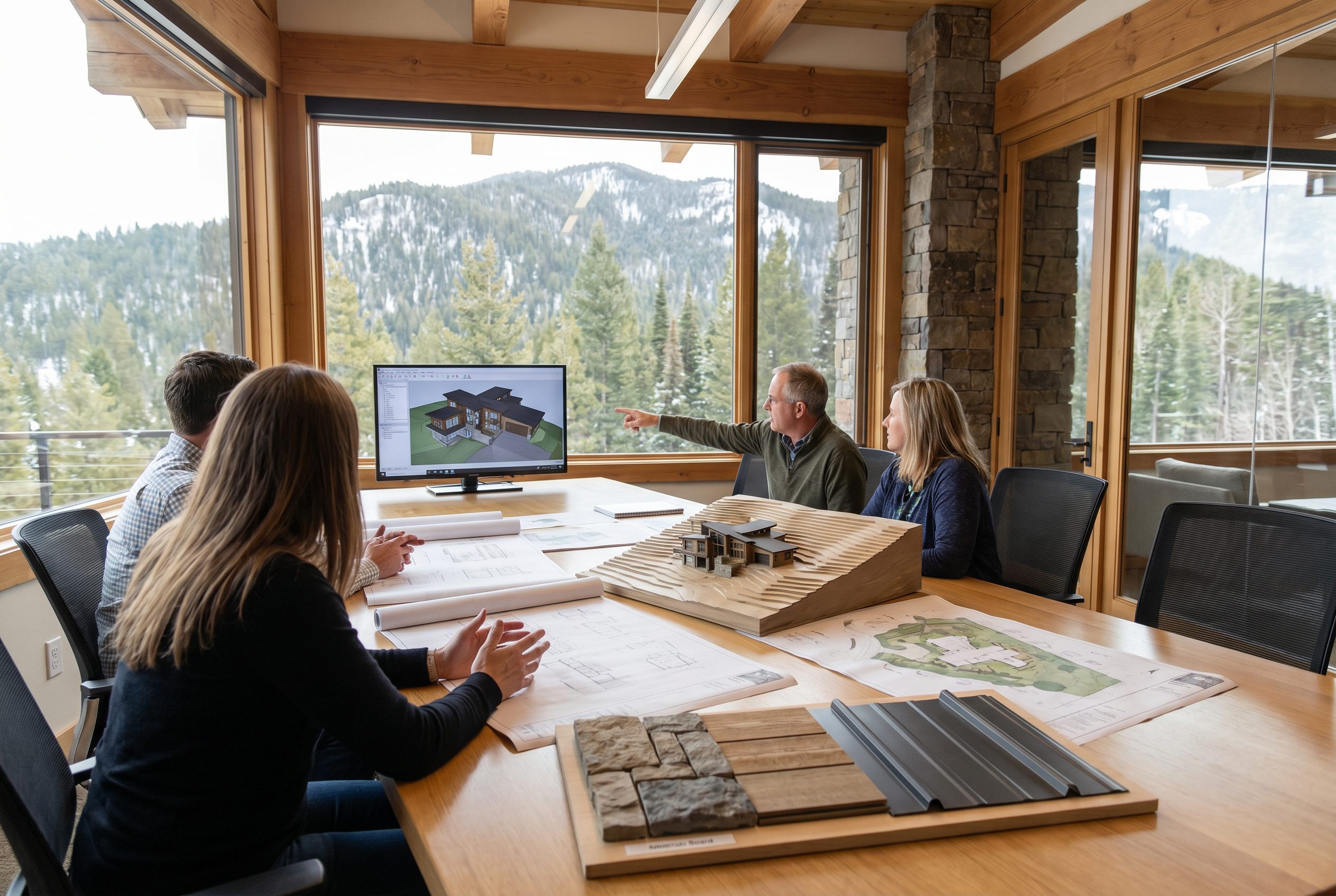 Clients reviewing a 3D model and site topography with their architect, mountains beyond the glass