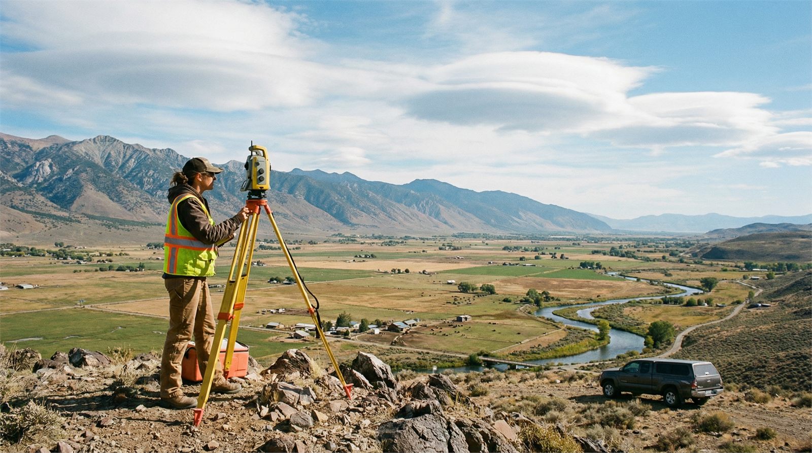 A surveyor at a total station on a rocky knoll above high-desert ranchland and a winding river