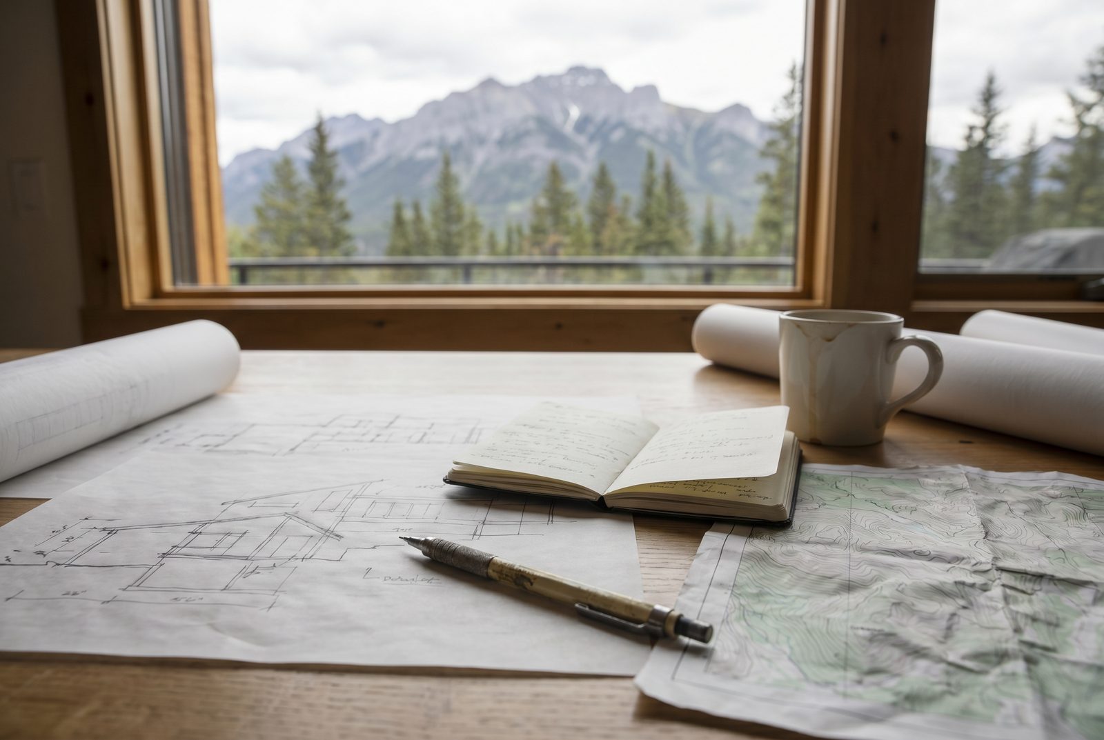 A topographic map, field journal, and drawings on a table beneath a window framing granite peaks