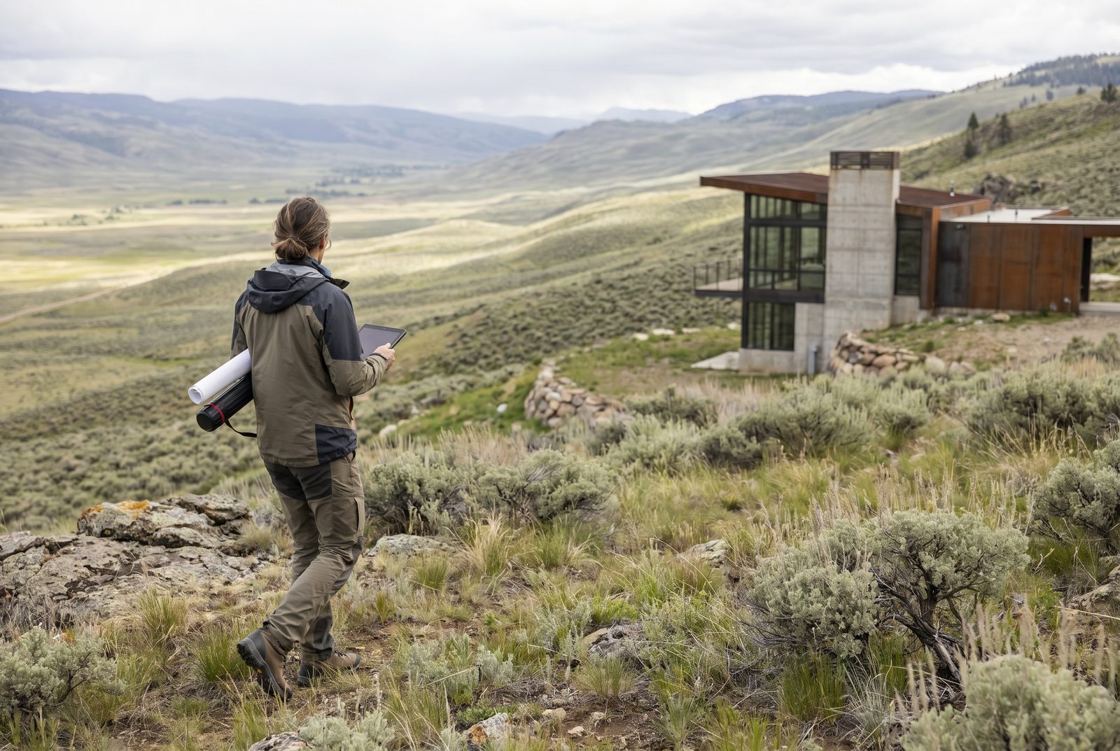 Walking the sage hillside with drawings in hand, a weathering-steel house settled on the ridge beyond