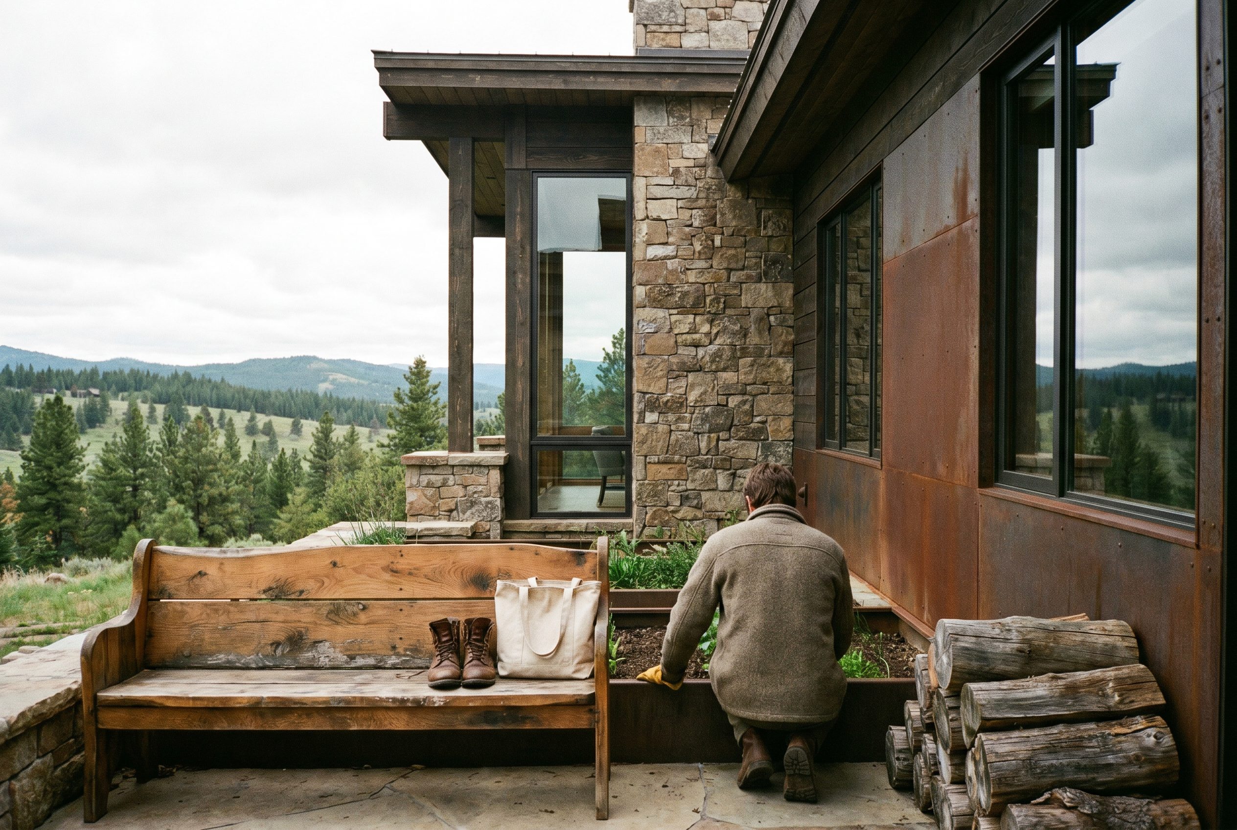 A homeowner tending a planter beside weathered steel, stone, and wood &ndash; a home built to be cared for