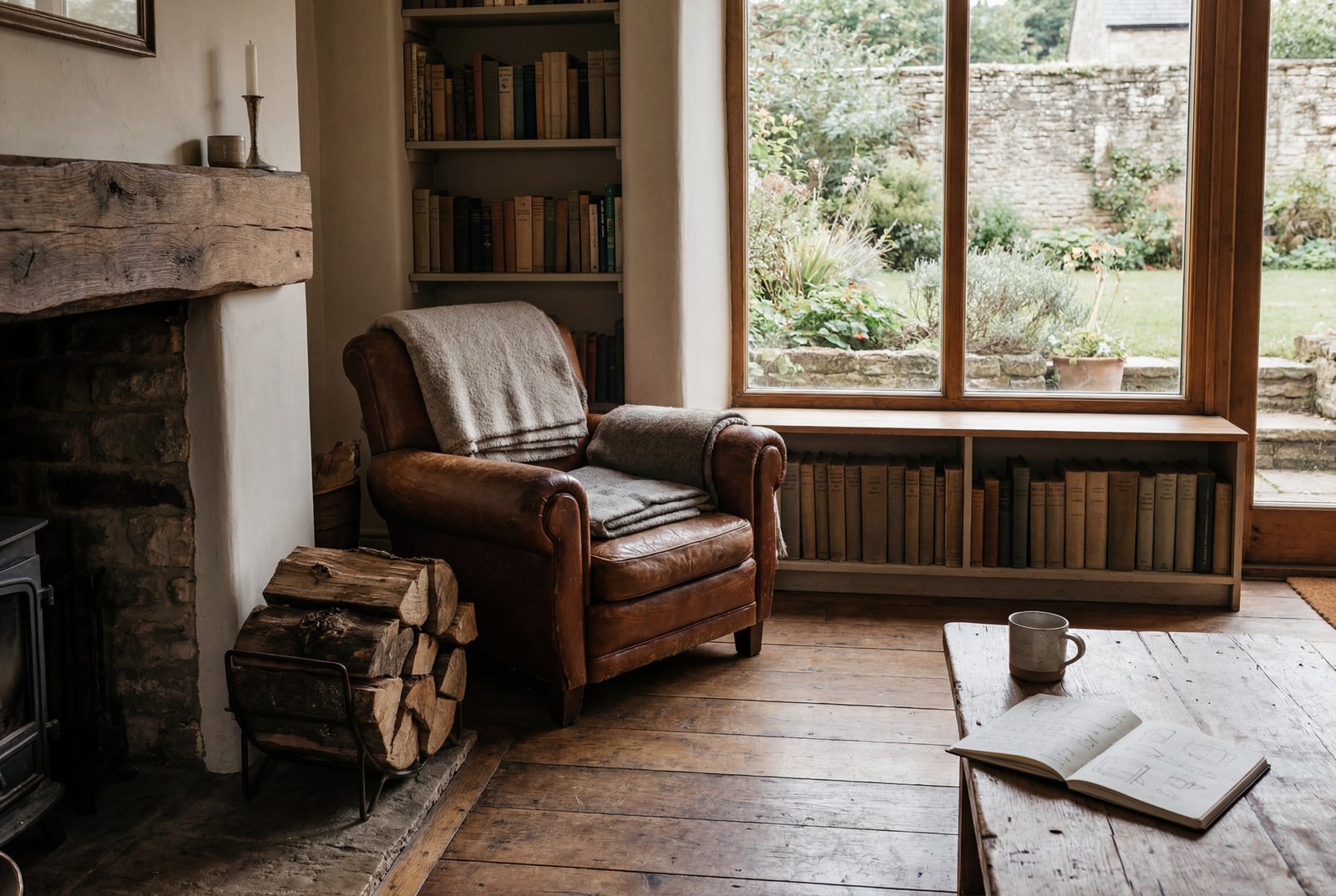 A worn leather armchair and aged wood floors beside shelves of books &ndash; an interior deepened by use