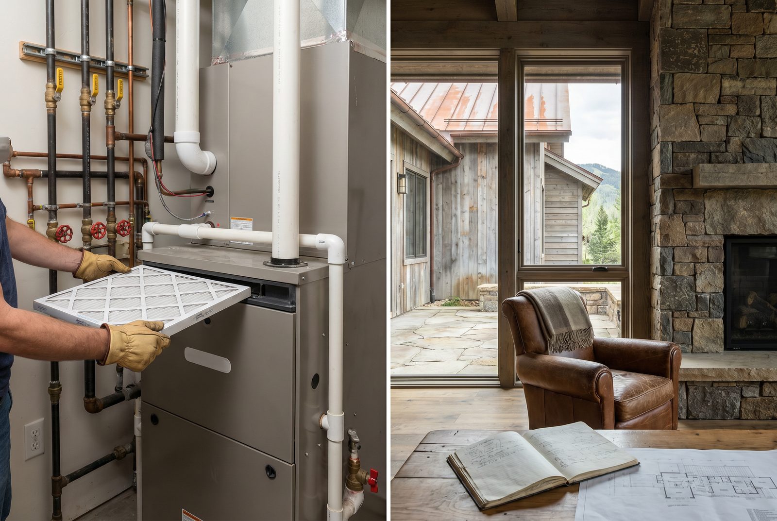 A furnace filter changed by hand, and a patinaed reading chair by a stone hearth &ndash; service made simple, comfort preserved