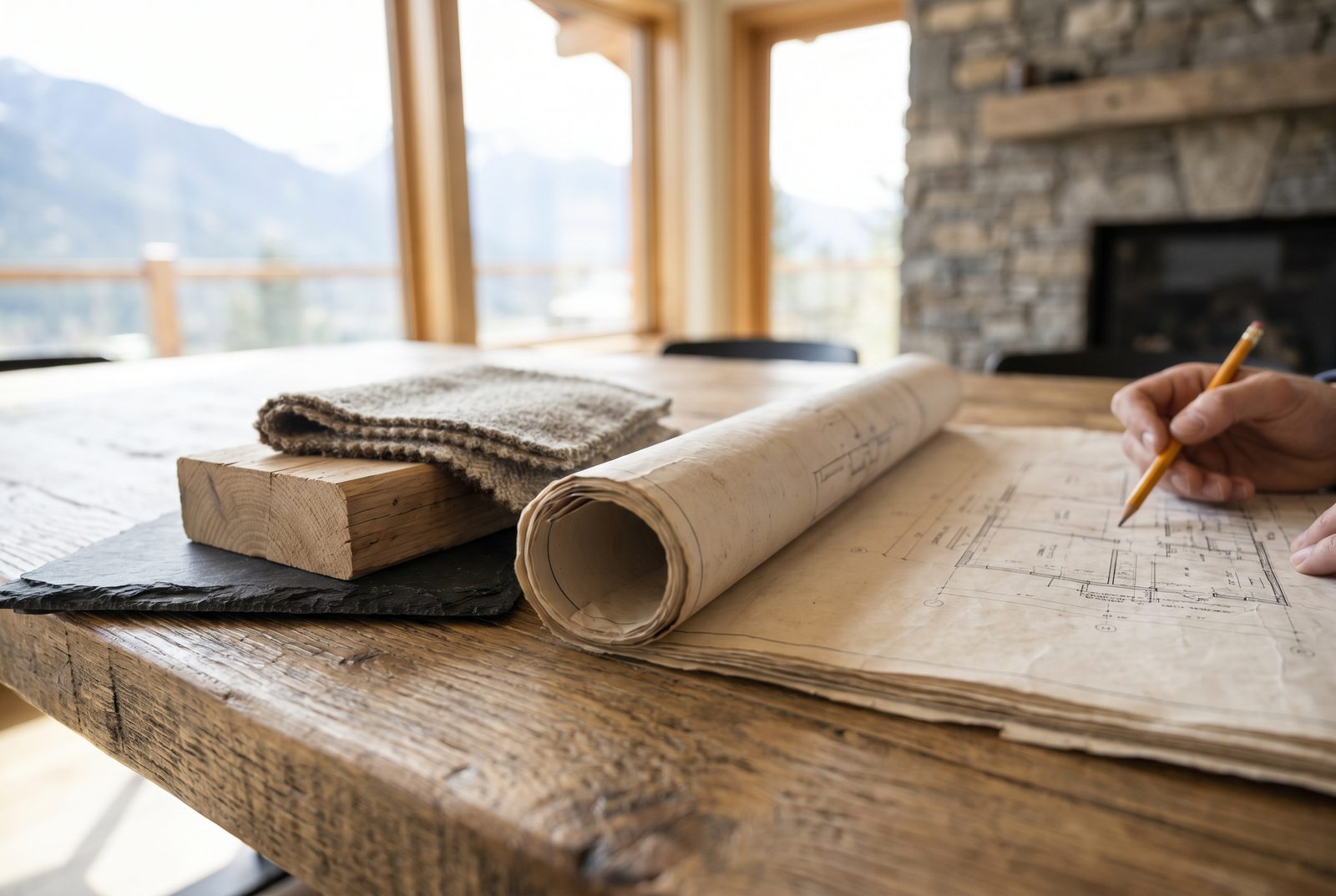 Rolled drawings, a wool swatch, and a wood block on a timeworn table &ndash; a home&rsquo;s records kept close