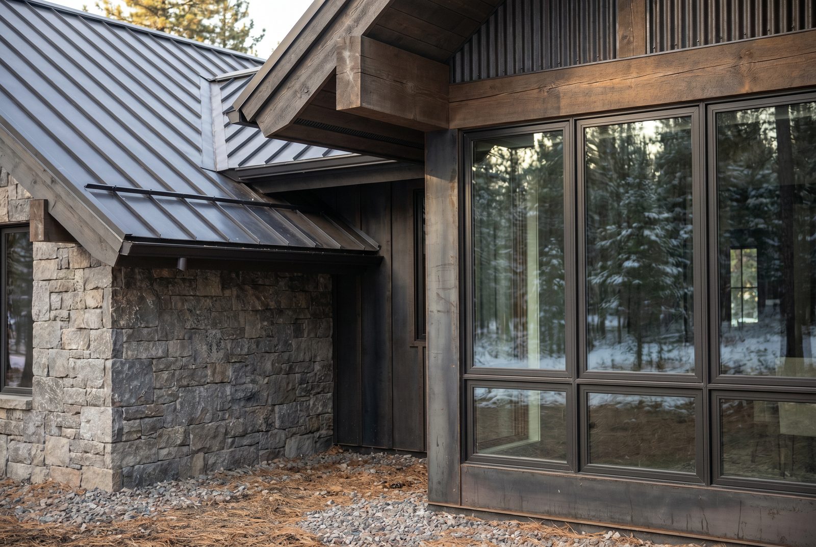 A breezeway where stone, weathered wood, and standing-seam metal meet