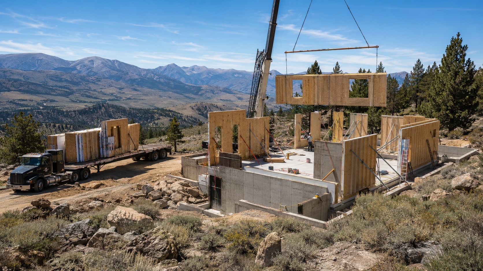 Prefabricated building components for mountain home construction
