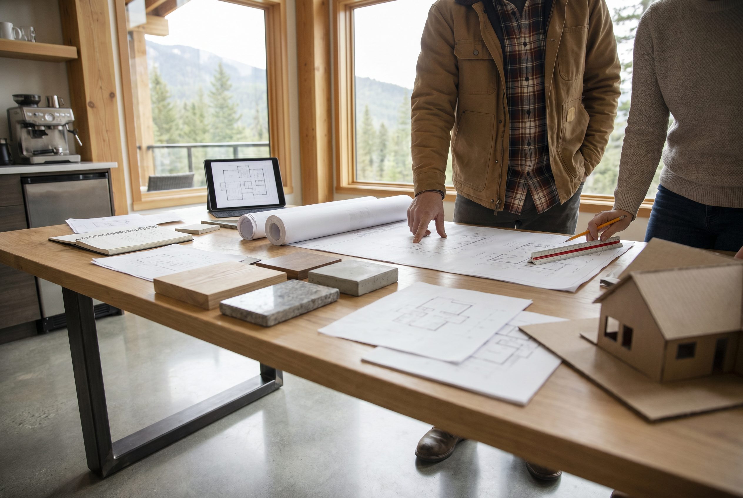 Clients and architect reviewing drawings and material samples beside a study model, mountains beyond the window