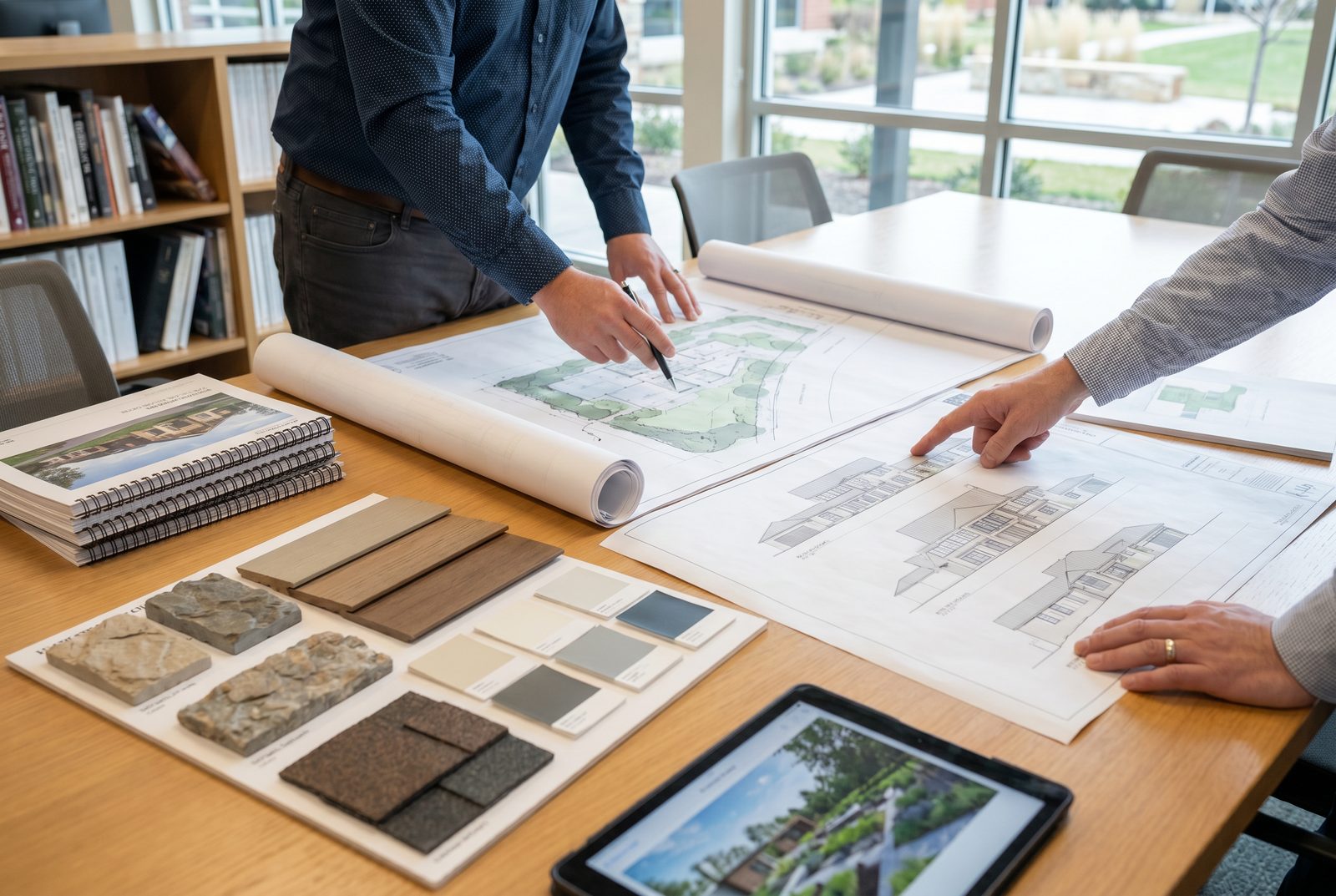 A design meeting with bound proposals and material sample boards on the table