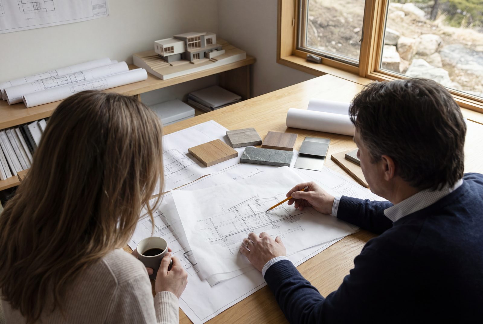 Architect and client working one-on-one over drawings at a shared table