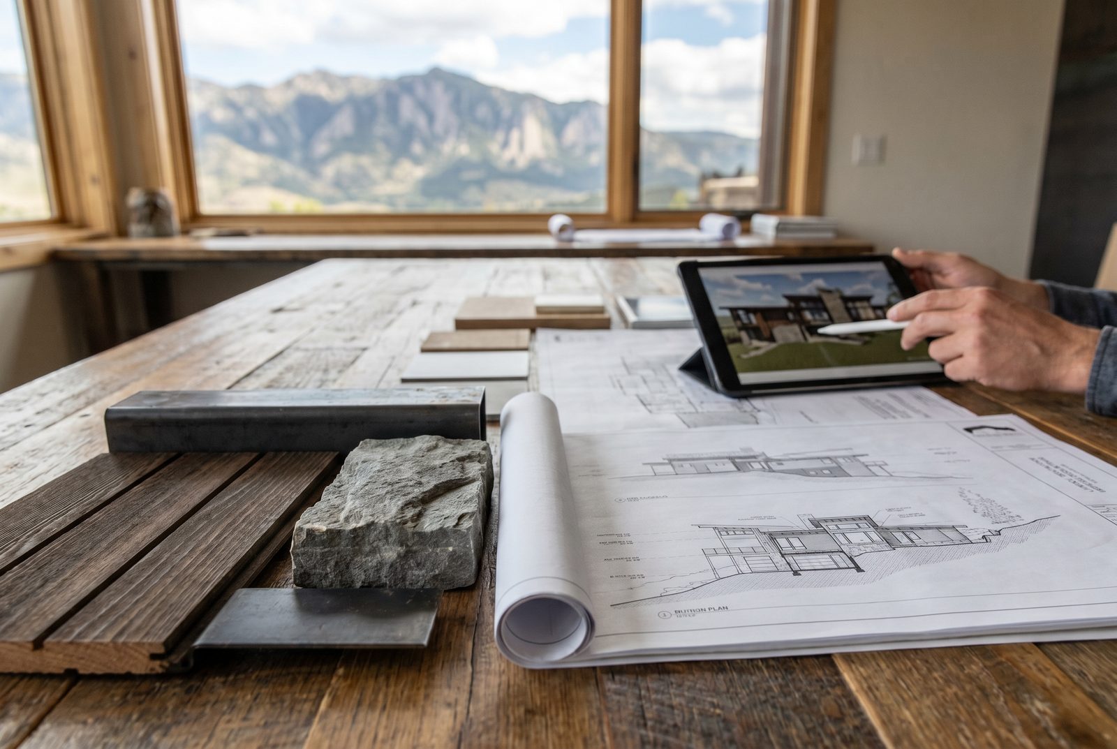 Material samples, drawings, and a rendering tablet on a reclaimed-wood table before a high-desert view