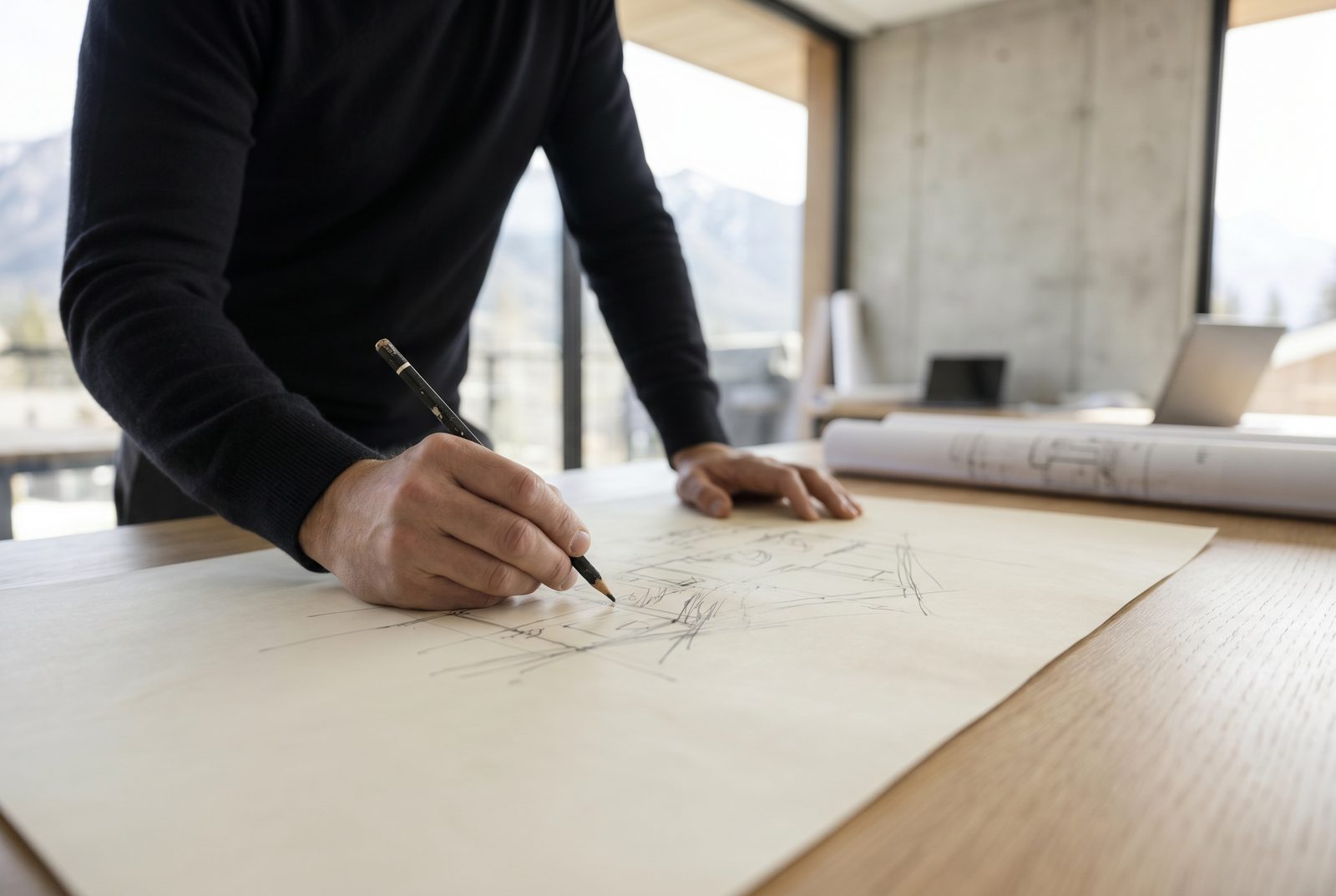 A pencil elevation study taking shape by hand at a concrete counter