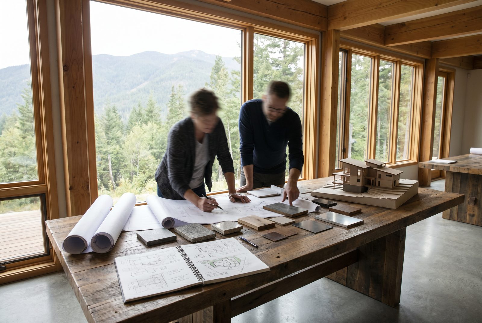 Reviewing feasibility findings together over site drawings and a study model